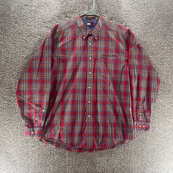 Vintage Tommy Hilfiger Shirt Adult Extra Large Red Yellow Plaid Button Up 90s - Picture 1 of 11